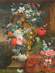 Ramo de flores e um papagaio